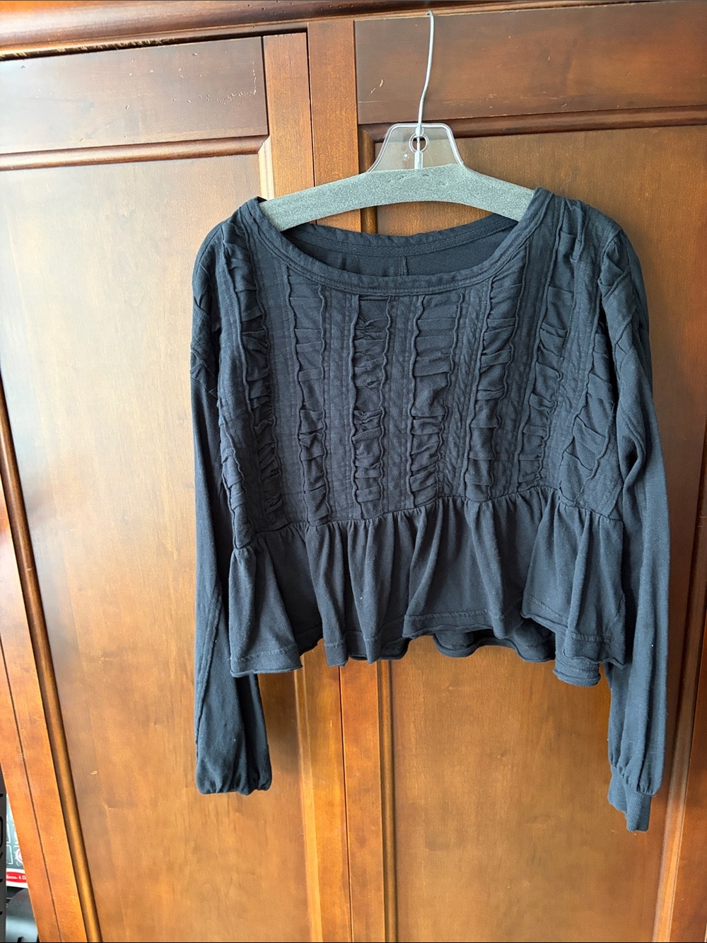Anthropologie Pilcro Black Ruffle-Front Long Sleeve Women's Crop Top